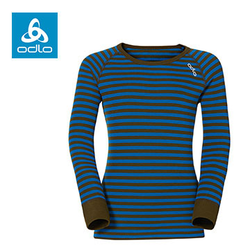 ODLO 童保暖衣圓領銀離子WARM 鈷藍/軍綠條紋